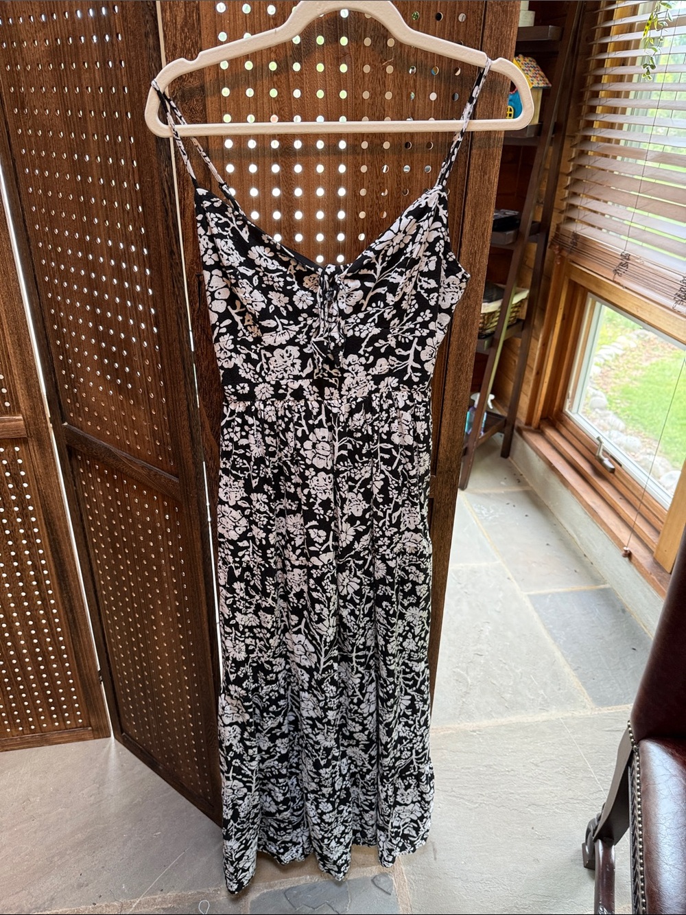miami Black and White Floral Maxi Dress with Spaghetti Straps